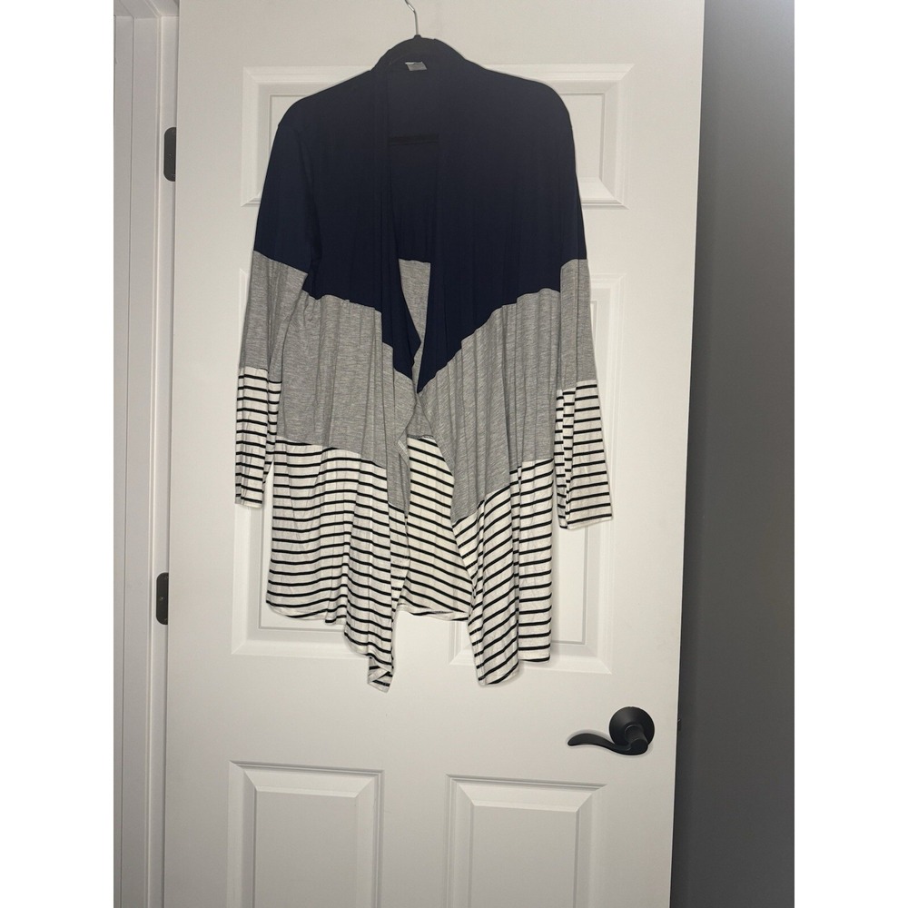 Grateful Hearts Color block Stripe Open Front Cardigan Xl Blue Gray White Black